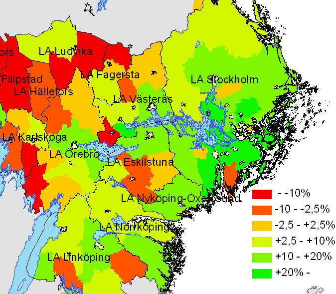 Figur 6. Lokala arbetsmarknadernas storlek, pendlingsförhållanden och integration med andra regioner. ÅF Infraplan (2004), egen bearbetning.