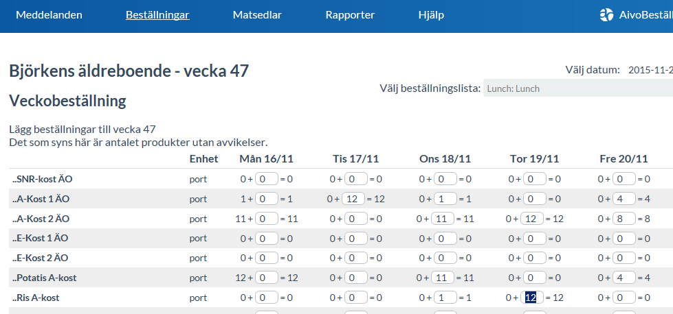 2 Översikt- veckobeställning När man har valt en beställningslista visas en veckomeny där alternativet längst till vänster heter Översikt.