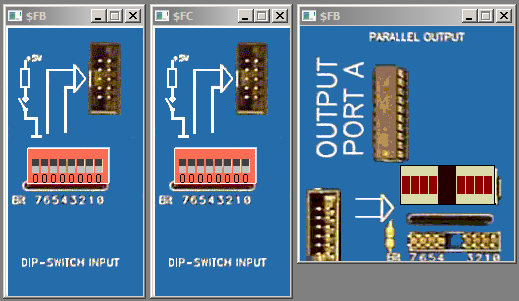 Grundläggande datorteknik - eempelsamling 8. Två strömbrtare är anslutna till inportar med adresser FB 6 och FC 6 i en FLISP-dator. Dessutom är en ljusdiodramp ansluten till en utport med adress FB 6.