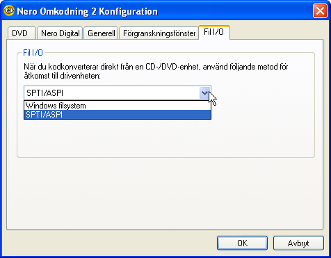 Filer in och filer ut Det här fältet avgör hur informationen hämtas från enheten. SPTI/ASPI Windows filsystem Operativsystemet (Windows) kringgås när informationen hämtas.