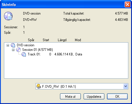 2.5.8 Visa information om skivan I den här vyn visas information om skivan i enheten. Det spelar ingen roll om skivan har satts in i en CD- eller DVD-spelare. Klicka på Skivinfo.