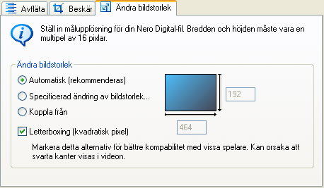 Automatisk Koppla från Specificerad beskärning Den svarta ramen hittas automatiskt och beskärs (standardinställningen) Filmen konverteras utan att kanterna beskärs.