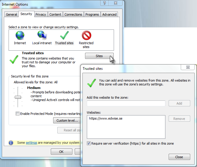edwise måste se till att webbarna och edwise är tillagda i samma säkerhetszon. Detta för att undvika säkerhetsvarningar.
