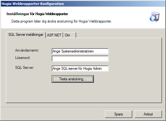 Hogia Webbrapporter konfiguration OBS! Efter avslutad installation måste du sätta upp den databaskoppling som Hogia Webbrapporter ska använda.
