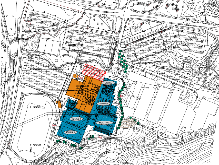 8 (27) N Figur 3.2 Illustration över planerad utbyggnad av Sundahallen. Befintliga byggnader i orange och planerade nya anläggningar i blått.