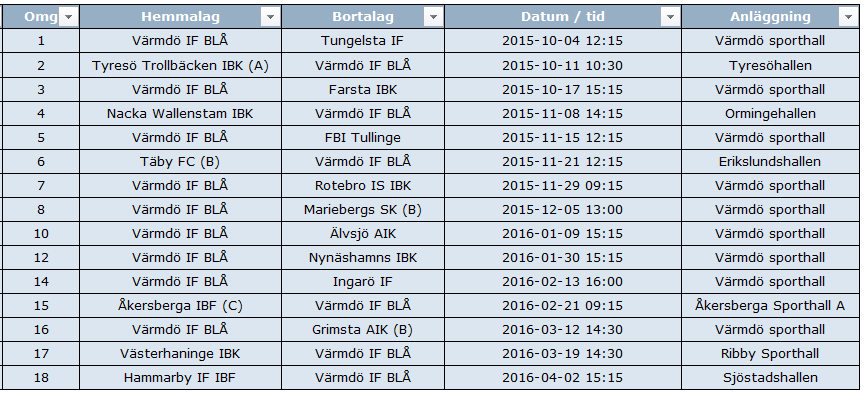 Seriespel: Blå Svår Svår Preliminärt matchschema.