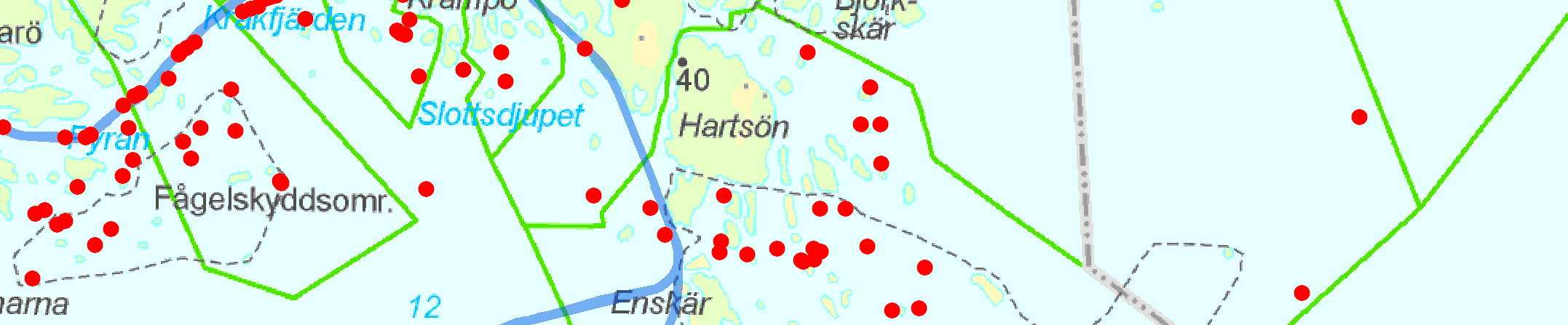 28 Fig. 26. Analysen av båtar (röda prickar) visar att trafiken i stort följer farlederna (blå linjer) men även håller sig till andra stråk och populära utflyktsmål.