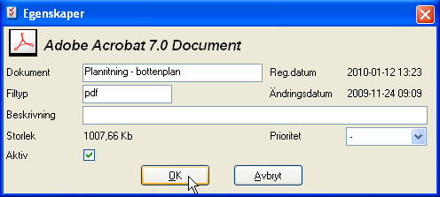 Vi gör detta i vårt exempel genom att högerklicka på dokumentet i listan och välja Egenskaper.