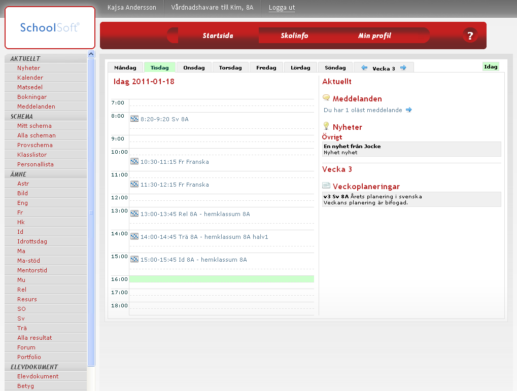 Startsidan På startsidan listas kalenderhändelser, nyheter, planeringar och annan aktuell information, till exempel uppgifter och lektionsplanering.