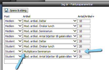 Det finns som du kanske sett fler alternativ under parametrar för fakturering, tex addera och multiplicera samt momsfri, dessa tre kan användas på följande vis: Addera, passar bäst i de fall det är