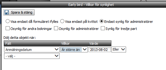 Projekt 2 Bygger vidare på projekt 1 och lägger till early-birdpriser på alla tre val: Här tänker jag alltså på att lägga alla sena avgifter i 2xx-serien och med samma ental (eller tiotal) som på