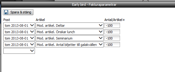 Mitt formulär ser alltså ut så här nu: Nästa steg är att koppla på faktureringsparametrarna för fältet Early bird och dessa ska se ut på följande sätt: Detta innebär att valet tom 2013-08-01 (som