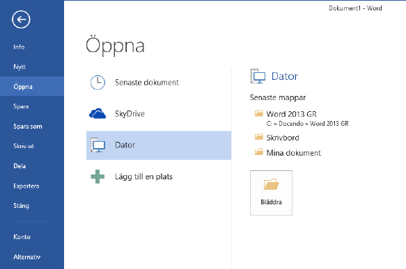 3 Ordbehandling med Word 2013 Öppna dokument Klicka på fliken Arkiv, därefter Öppna när du ska öppna ett dokument som tidigare skapats och sparats. Markera alternativet Senaste dokument.