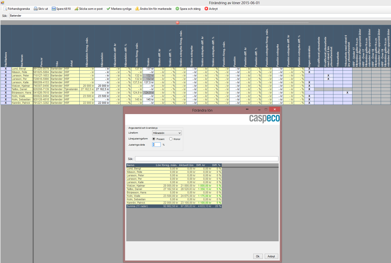 3 Hur gör jag förändringar av lön? Först söker man de anställda man vill ändra lön på, i ovan exempel har man sökt alla med yrket Bartender.