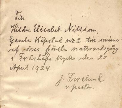 Hösten 1923 började Hildur läsa för prästen. Hon konfirmerades den 19 april 1924, vilket var påskafton.
