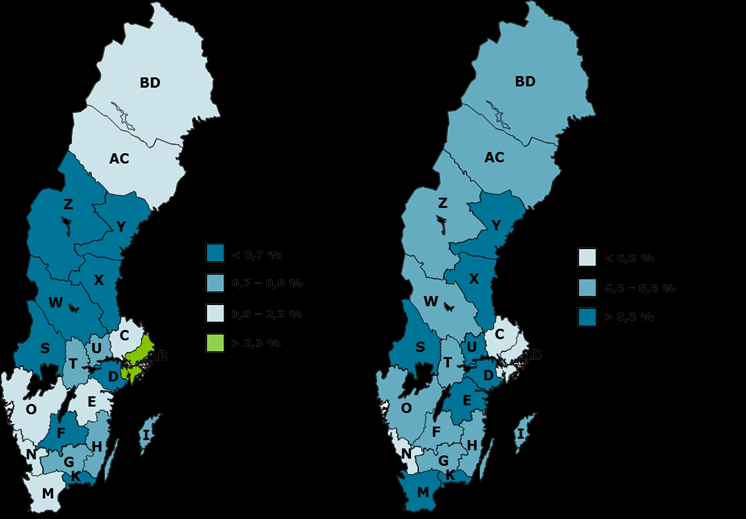 11 Geografiska skillnader Kartbilderna nedan visar Arbetsförmedlingens bedömning av sysselsättningsförändringar i den relativa arbetslösheten för respektive län.