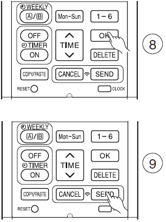 5. Tryck på (ON-OFF TIMER) knappen för att välja ON TIMER eller OFF TIMER inställning. 6. Tryck på (TIME) för att ställa in tid. 7. Tryck på (TEMP eller ) för att ställa in temperatur. 8.