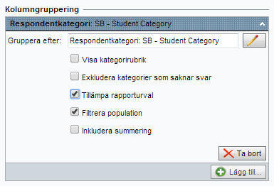 SR-Advanced Report Grupperingsrapport: Svarsfrekvens Du kan nu se svarsfrekvens i dina grupperingsrapporter, antingen på samtliga respondenter eller filtrerade på en speciell grupp.