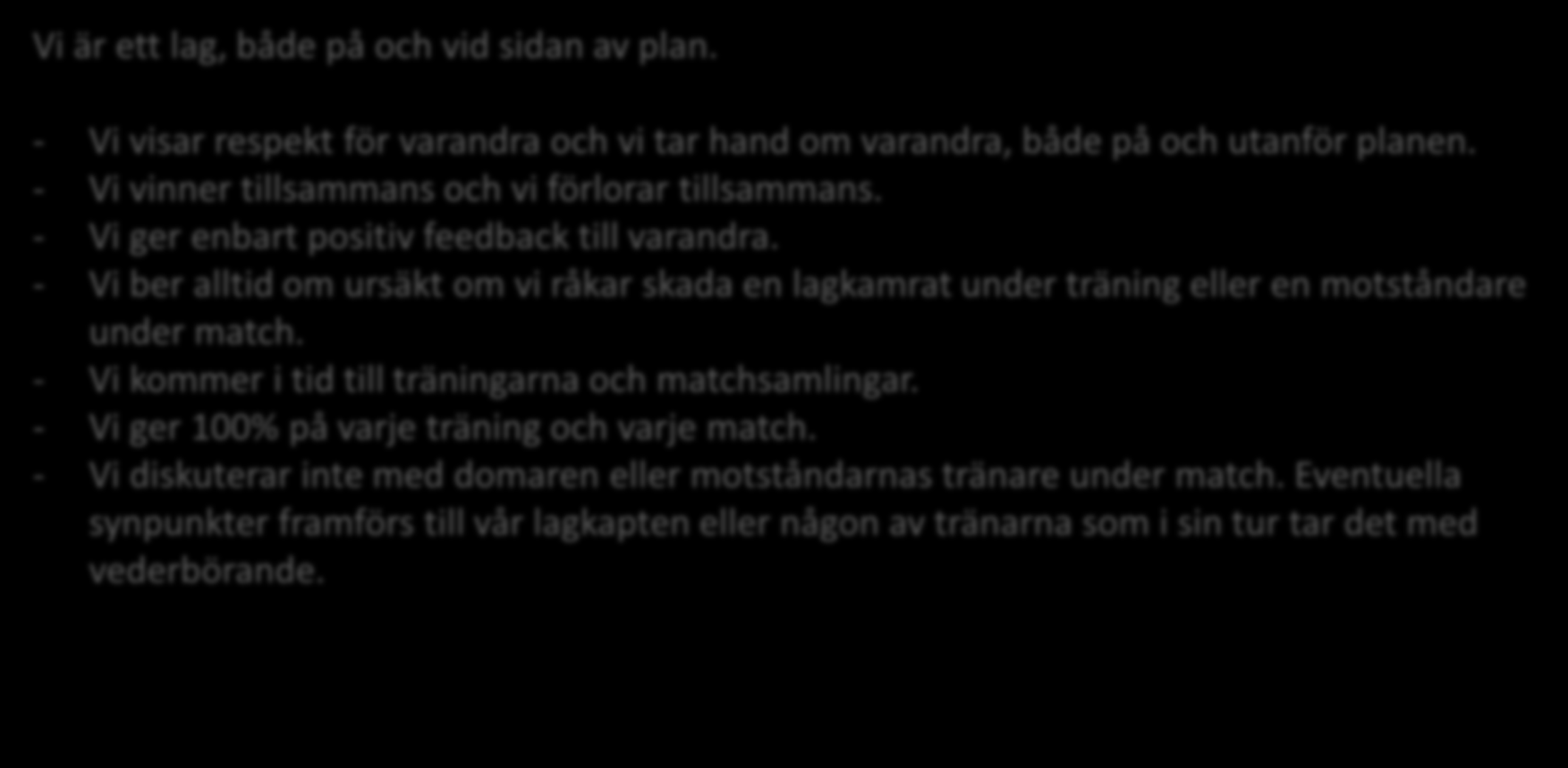 FÖRVÄNTNINGAR PÅ SPELARNA Vi är ett lag, både på och vid sidan av plan. - Vi visar respekt för varandra och vi tar hand om varandra, både på och utanför planen.