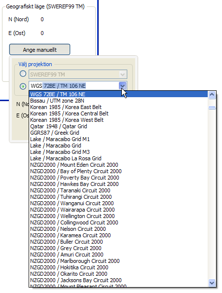 Om inte kartprojektionen finns med i snabblistan så kan du välja bland alla tillgängliga projektioner.