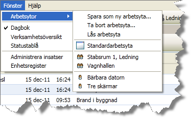 6.2. Fönster-meny Spara som ny arbetsyta Ta bort arbetsyta Lås arbetsyta Standardarbetsyta Egna arbetsytor Dagbok Verksamhetsöversikt Statustablå Administrera insatser Enhetsregister Sparar undan den