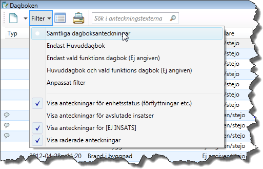 7.1.4. Raderade anteckningar Anteckningar som raderats visas med ett rött kryss i dagbokslistans andra kolumn samt med utgråad och överstruken text.