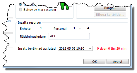 7.3.5. Insats beräknad avslutad Det finns möjlighet att ange klockslaget då insatsen beräknas vara avslutad.