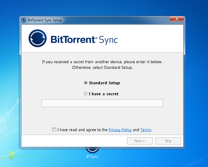 Välj mapp för Bittorrent 2 Välj den mapp som du vill använda för att lagra dina filer via Bittorrent Sync. Du kan välja det standardalternativ som föreslås eller själv bestämma en annan mapp.