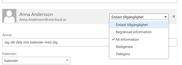 Dela kalendrar Dela kalendrar Du kan dela ut din kalender till kollega som då får tillgång till din kalenderinformation. 1. Länken Dela 2. Lägg till en eller flera medarbetare 3.