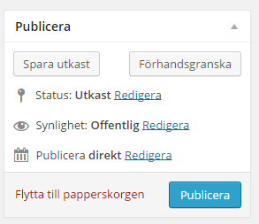 Skapa ny sida 1. Klicka på Sidor i den vänstra panelen. Klicka sedan på Skapa ny. För att spara trycker man på publicera, eller uppdatera i högra spalten högst upp.