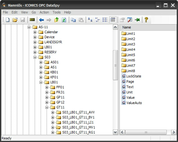Inställningar 27 grupp. T.ex. nedan så har alla punkter med "S03", "LB01" och sedan "GT11" som en del (avskilt med "_") i namnet grupperats. Namn = Opc-servernamn\Device-namn.del_av_punktnamn.