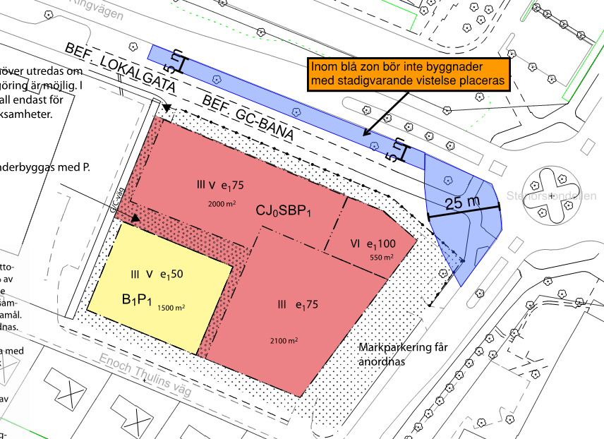 1. Byggnader med stadigvarande vistelse 5 placeras minst 25 meter från cirkulationsplatsens närmaste vägkant. 2. Byggnader med stadigvarande vistelse 5 placeras minst 5 meter från Ringvägen.