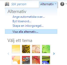 Sida 9 av (9) Inställningar För att göra egna inställningar, Ändra ditt lösenord samt använda funktionen Meddela andra att du är på semester, klickar du på Alternativ långt ut till höger på skärmen