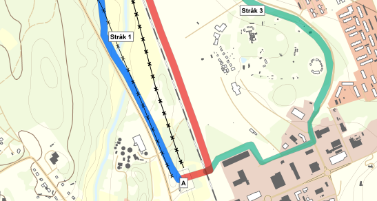 Stråk 3 sammanfaller med stråk 2 i norr, men följer sedan en befintlig vägstruktur som går öster och söder om ALV:s område.