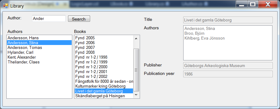 7. Uppgiften går ut på att skapa en applikation för ett bokregister. Tabellstrukturen för applikationens databas books finns nedan. Applikationen skall vid start visa nedanstående fönster.