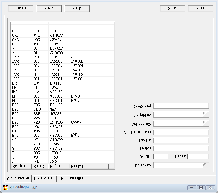 Redigera menyn BUSSREGISTER Flik 2 - Grunduppgifter Här lägger man in uppgifter för respektive buss. Bussregister Bussgrupp BussID Reg.nr Telefon Fabrikat Antal passagerare Std. Chaufför Std.