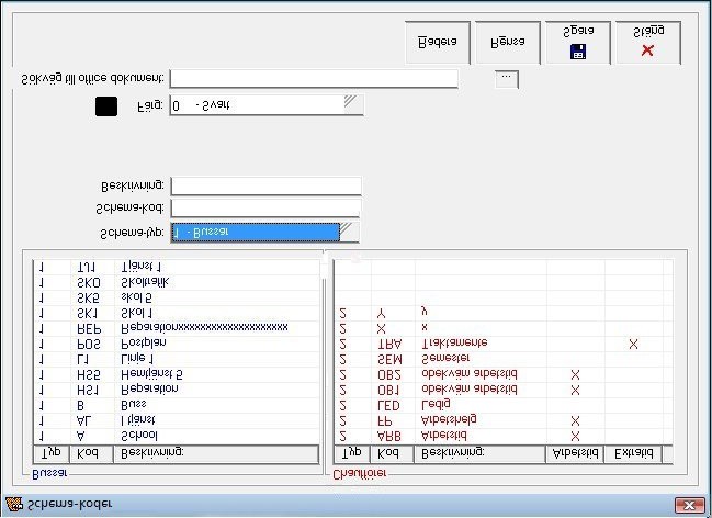 för Bussar eller Chaufförer. Ange en unik schema-kod. Ange en beskrivning på schemakoden. Välj vilken färg som ska visas på blocket i den Grafiska bussbokningen.