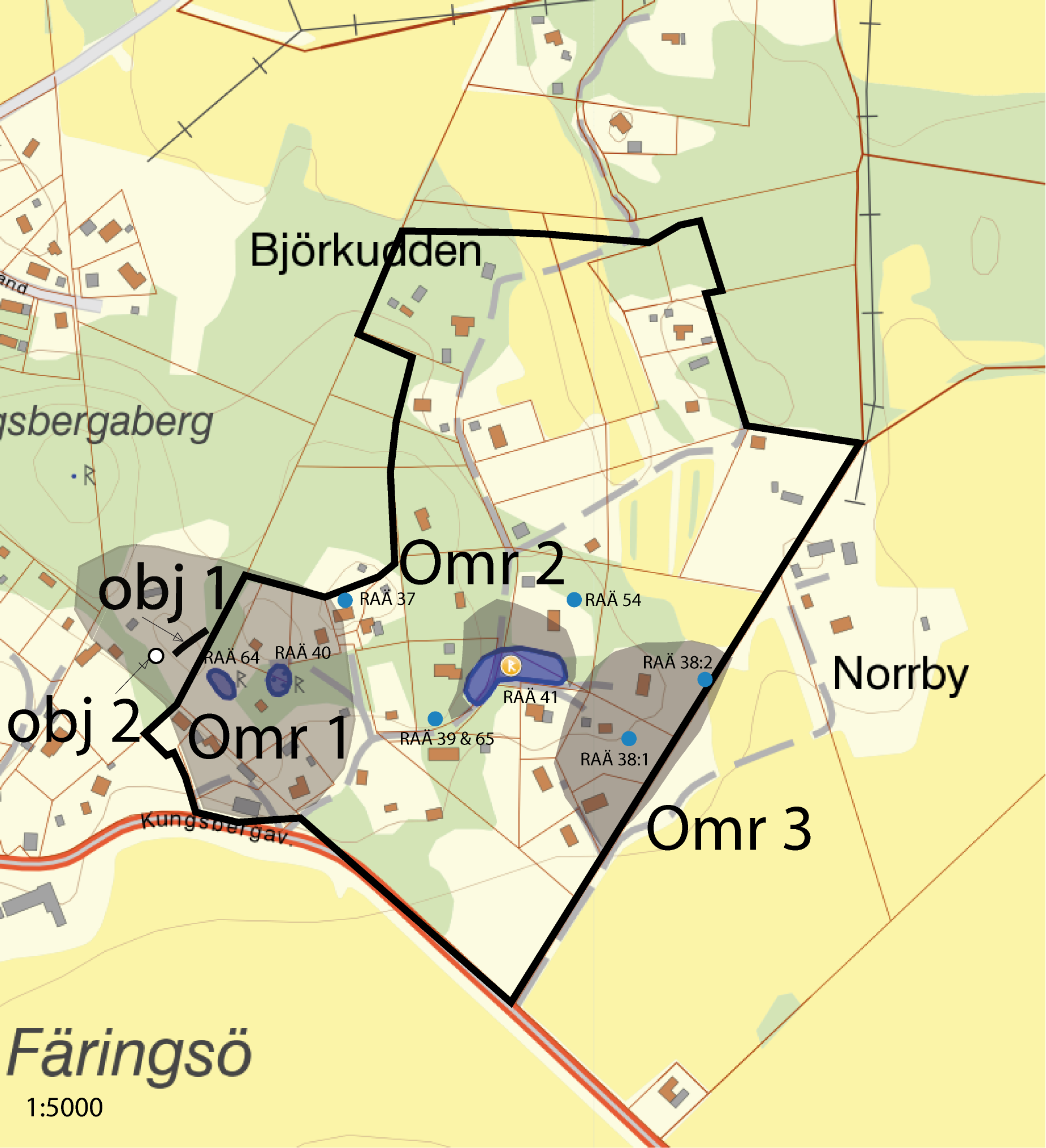 Fig. 3. Obj och områden markerade på Fornminnesregistrets karta. Skala 1:5000.. kivfyndet av en tidigare okänd runsten.