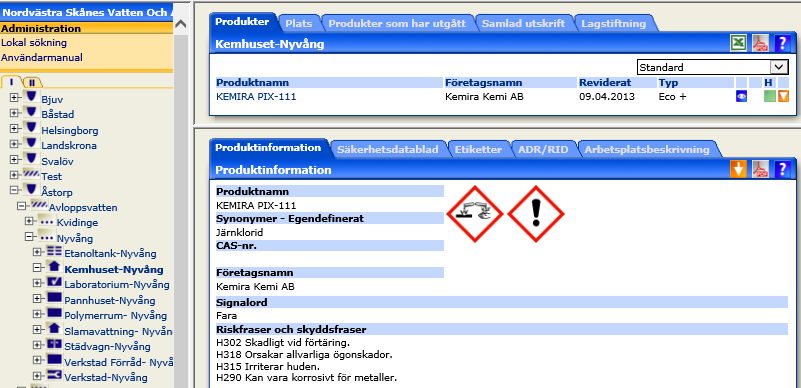 Figur. Skärmdump ur systemet ECOonline, där verksamhetens kemikalier finns registrerade med tillhörande säkerhetsdatablad.