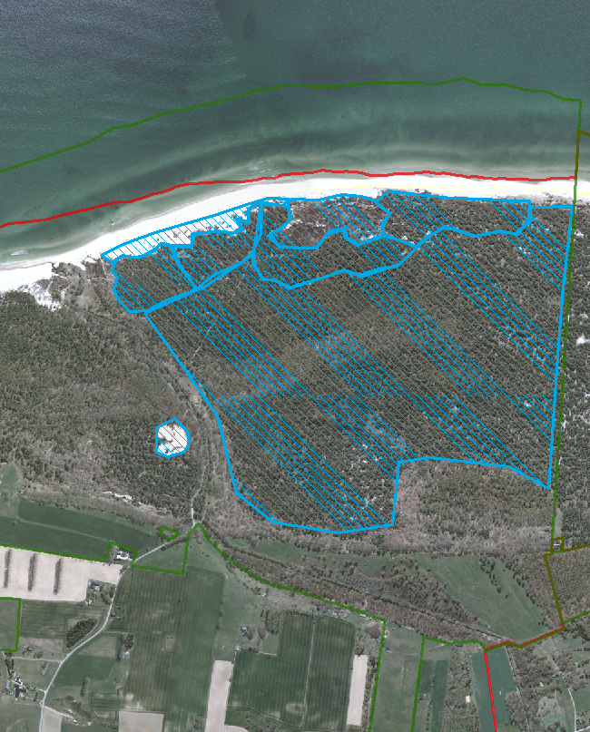 Bilaga 1. Karta över Natura 2000-området Sandhammaren med delområdet Hagestad. Skötselområden A-G är markerade i blåt.