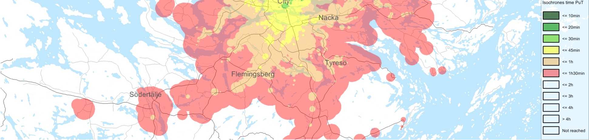 Områden i Stockholmsregionen som nås med olika