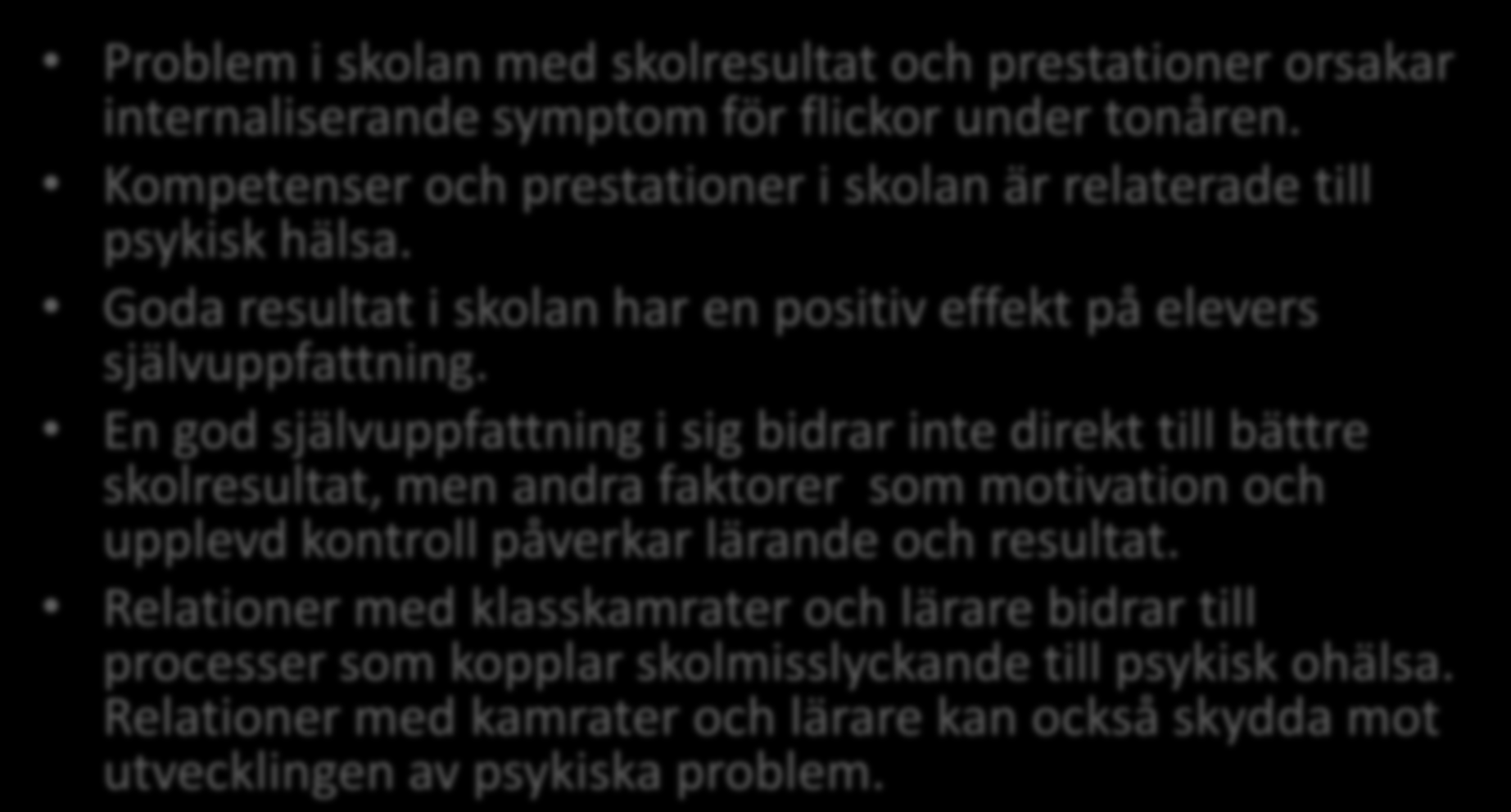 Resultat Problem i skolan med skolresultat och prestationer orsakar internaliserande symptom för flickor under tonåren. Kompetenser och prestationer i skolan är relaterade till psykisk hälsa.
