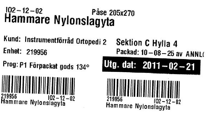 Packlistan med streckkoder måste tillsammans med instrumentet/setet tillbaka till sterilcentralen för att kunna scannas och därmed erhålla en ny etikett som är nödvändig för en fortsatt process.