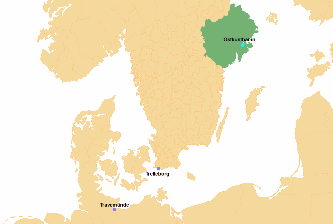 Figur 6. Antagit upptagningsområde för trailergods via Ostkusthamn. (Illustration: Rune Karlsson).