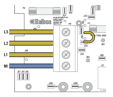 230V, 2X16AMP L1, L3 Fas N1, N2 Nolla Brun kabel J95-J23 Vit kabel avlägsnas (förberett fabrik) Blå kabel J28-J57 Byglas Med blåsare (ON) Utan blåsare (Off) 400V,