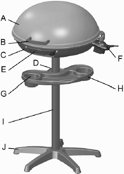 GRILLENS DELAR A. Lock B. Handtag C. Grillkropp D. Kabelfäste E. Fettbricka F. Termostat G. Kopphållare H. Praktisk hylla I. Stolpe J. Ben K.