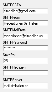 Förklaring till fälten: SMTPCCTo: Om man vid varje tillfälle vill skicka en kopia, anges mailadressen här. SMTPFrom: Ange anläggningens namn. Detta syns hos kunden som avsändaren av mailet.