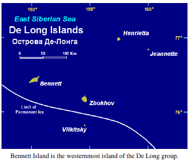 Bennett Island Är den största av öarna i ögruppen DeLong Islands som ligger i Öst Sibiriska Havet. På bilderna nedan ser ni hur de ligger geografiskt.