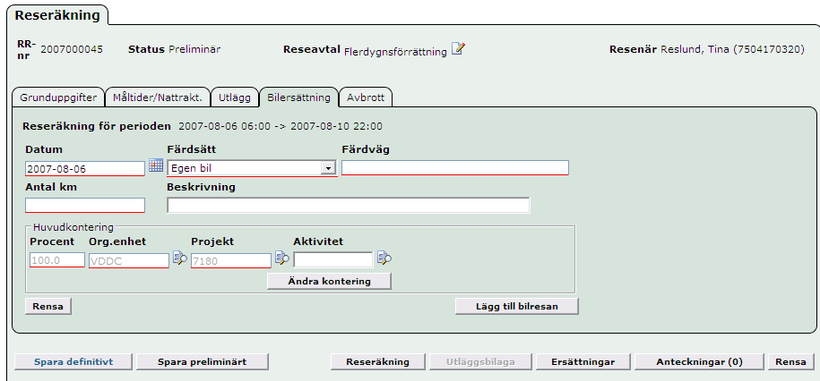 5 Här registrerar man utlägg som resenären har haft under resan och ska ha ersättning för.