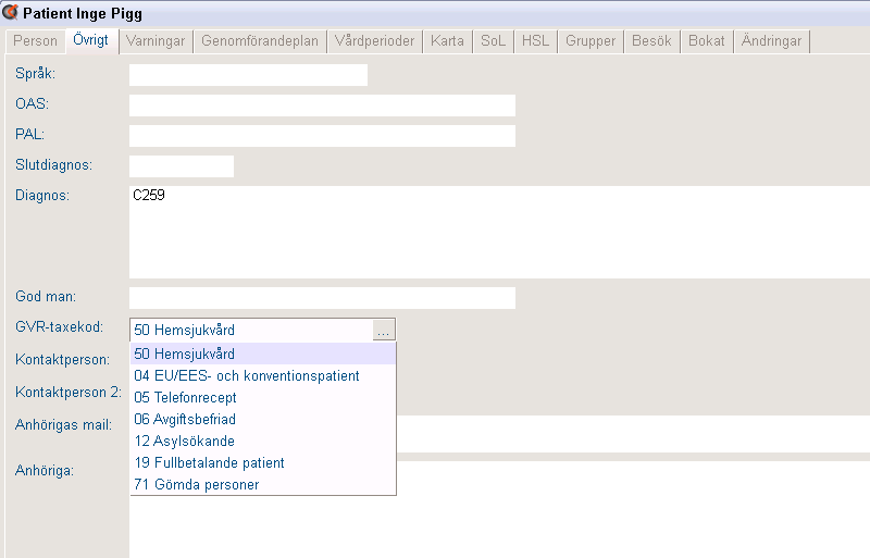 Taxekoder Taxekoderna används vid besöksregistreringen. Som standard registreras alla patienters besök med taxekoden 50 Hemsjukvård.